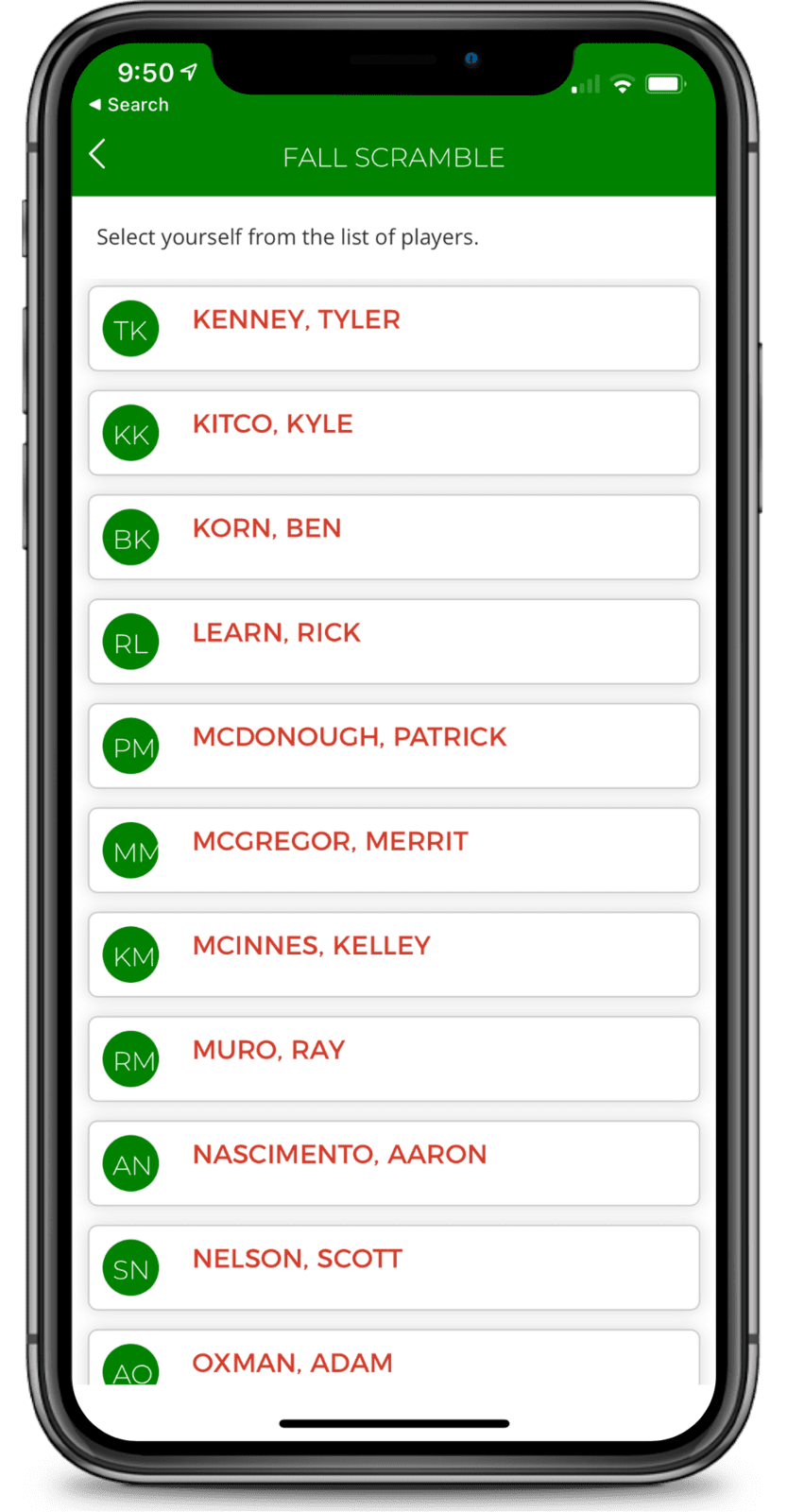 Mobile App Golf Tournaments or League Player List
